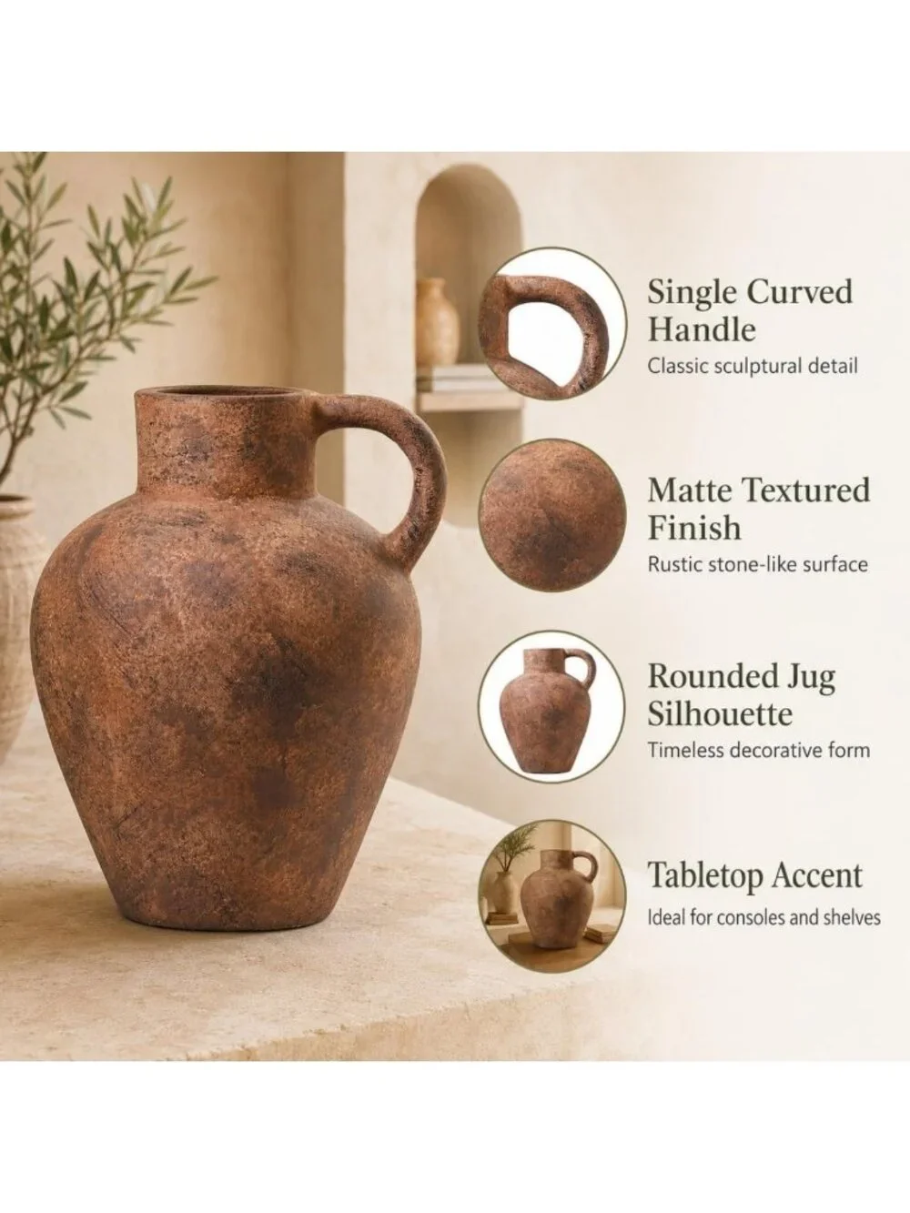 12in Vintage Terracotta Vase with Single Handle - Rustic Home Decor Accent